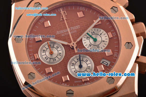 Audemars Piguet Royal Oak Chronograph Miyota OS20 Quartz Rose Gold Case with Brown Leather Strap Brown Dial and Three Steel Subdials - Click Image to Close